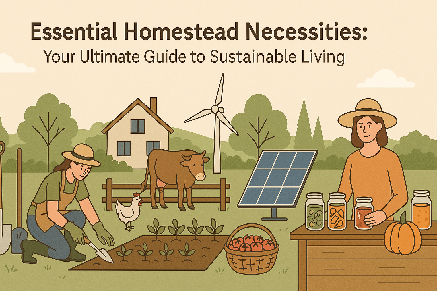 Horizontal illustration of a sustainable homestead with a greenhouse, chicken coop, composting toilet, organic garden, livestock, solar panels, and food preservation setup in an eco-friendly rural setting.