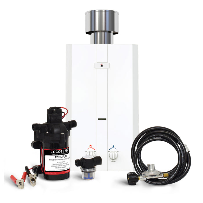 Eccotemp L10 3.0 GPM Portable Outdoor Tankless Water Heater w/ EccoFlo Diaphragm 12V Pump and Strainer
