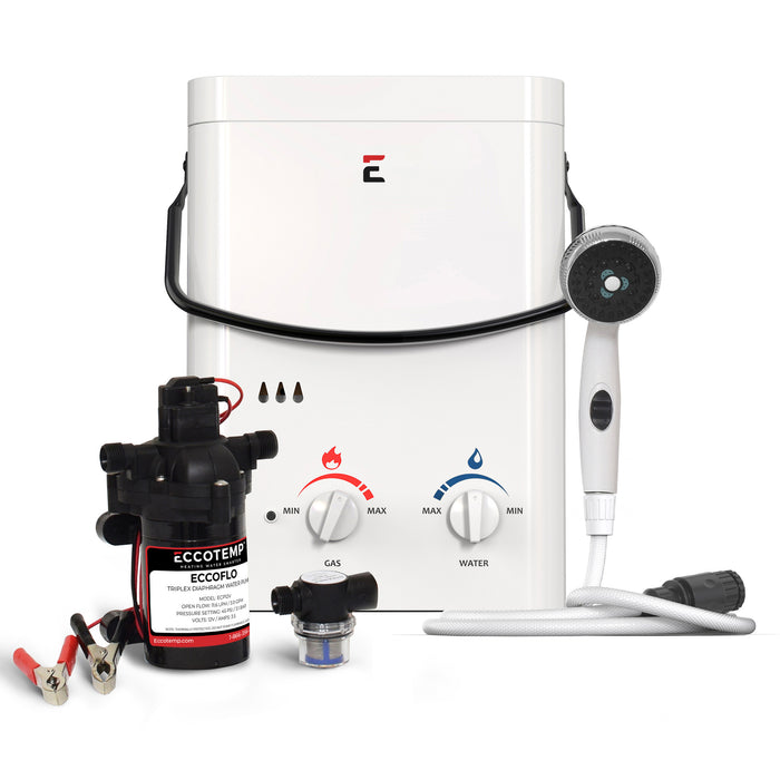 Eccotemp 5L Portable Outdoor Tankless Water Heater w/ EccoFlo Diaphragm 12V Pump and Strainer
