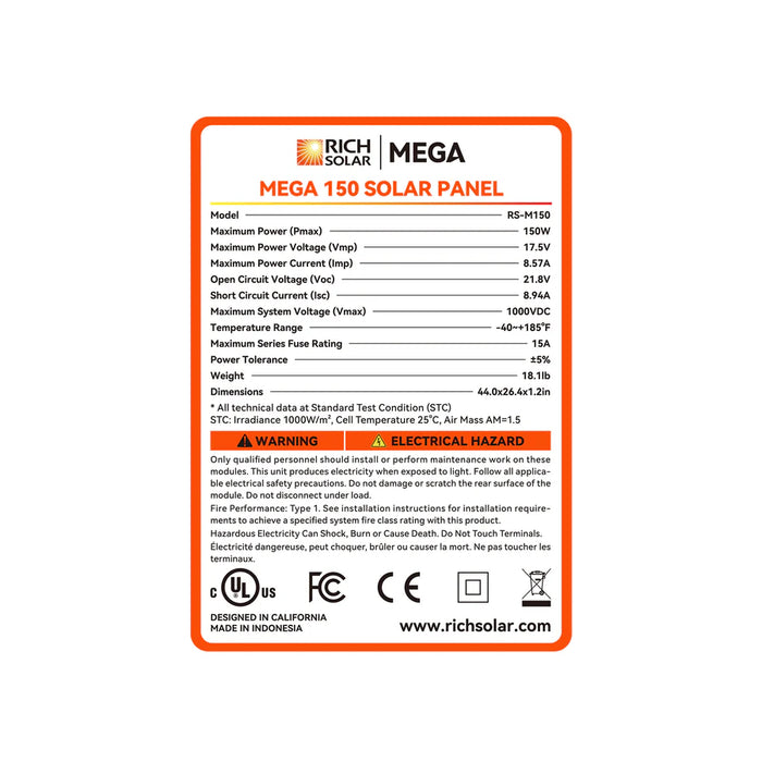 MEGA 150 | 150 Watt Solar Panel | Lightweight 12V Off-Grid Solar Panel for RVs, Cabins, Boats | 25-Year Output Warranty | UL Certified