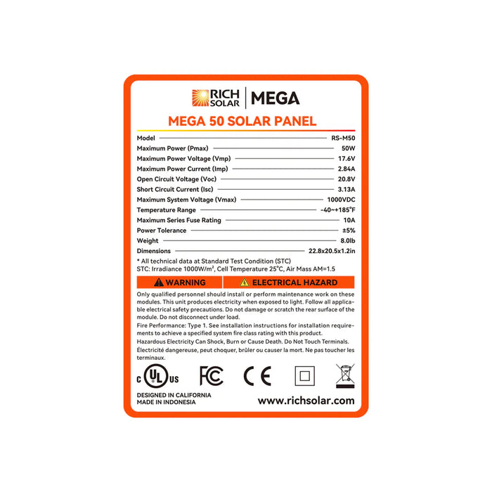 MEGA 50 | 50 Watt Solar Panel | Compact 12V Off-Grid Solar Panel for Boats, Vans, Trailers | 25-Year Output Warranty | UL Certified