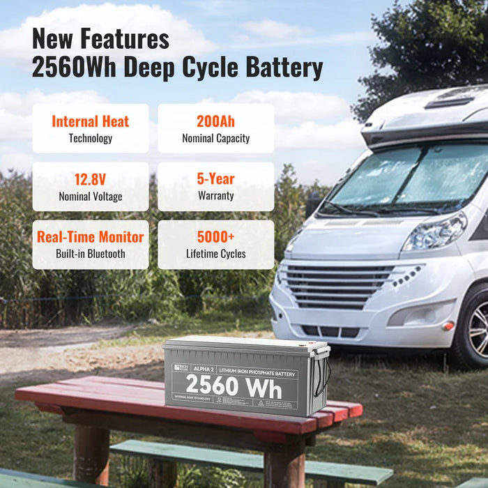 ALPHA 2 | 12V 200Ah LiFePO4 Battery | Powerful 12V Lithium Battery for RVs, Trailers, Vans, Boats, Off-Grid | 5,000/4000/7000 Lifetime Cycles | Bluetooth and Internal Heat Technology