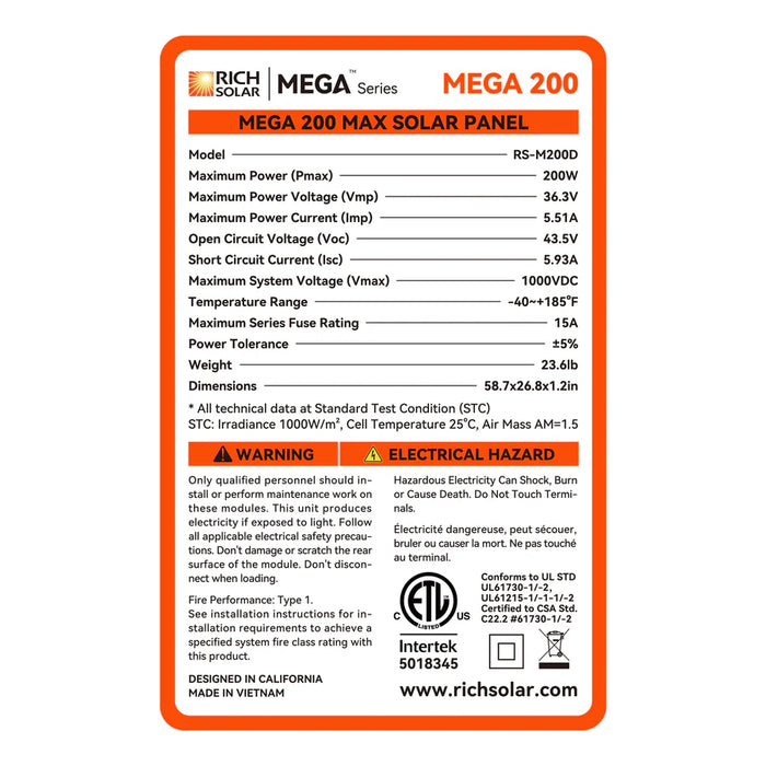MEGA 200 MAX | 200 Watt 24 Volt Solar Panel | Premium 24V Off-Grid Solar Panel for RVs, Trailers, Cabins | 25-Year Output Warranty | UL Certified