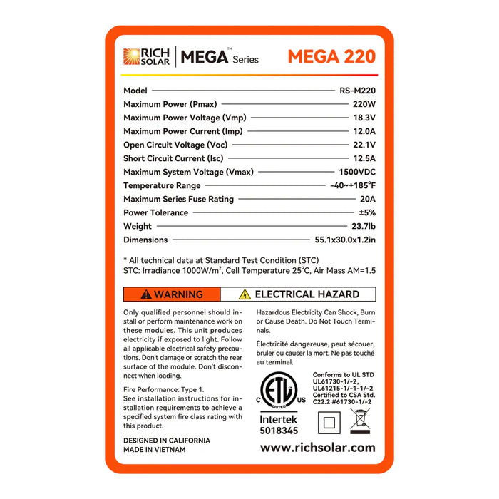 MEGA 220 | 220 Watt Solar Panel | Premium 12V Off-Grid Solar Panel for RVs, Cabins, Boats | 25-Year Output Warranty | UL Certified