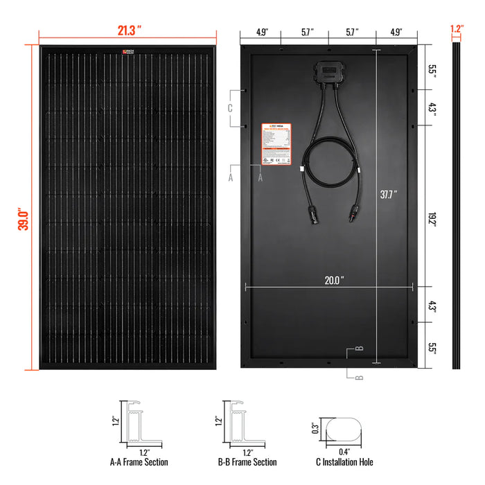 MEGA 100 | 100 Watt Solar Panel | Premier 12V Off-Grid Solar Panel for Vans, Campers, Boats | 25-Year Output Warranty | UL Certified