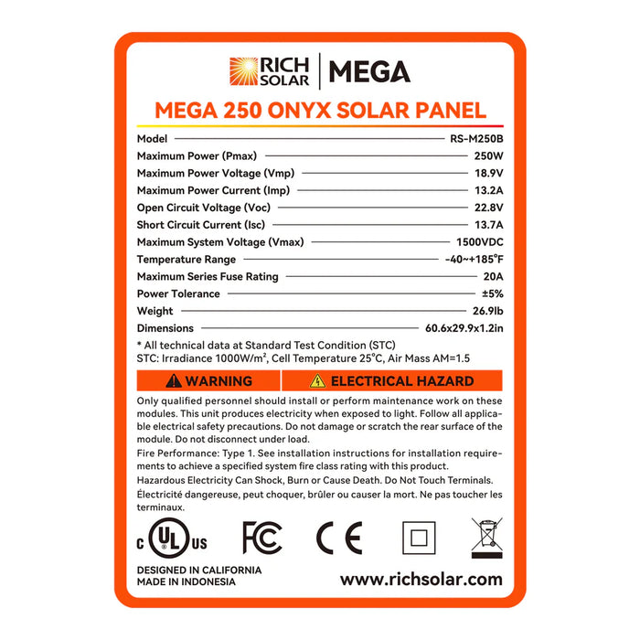 MEGA 250 | 250 Watt Solar Panel | Premier 12V Off-Grid Solar Panel for RVs, Vans, Boats | 25-Year Output Warranty | UL Certified