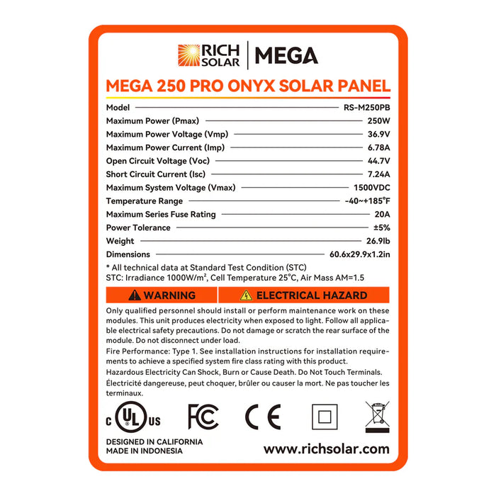 MEGA 250 PRO | 250 Watt 24 Volt Solar Panel | Premium 24V Off-Grid Solar Panel for Campers, Tiny Homes, Cabins | 25-Year Output Warranty | UL Certified