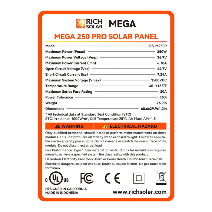 MEGA 250 PRO | 250 Watt 24 Volt Solar Panel | Premium 24V Off-Grid Solar Panel for Campers, Tiny Homes, Cabins | 25-Year Output Warranty | UL Certified