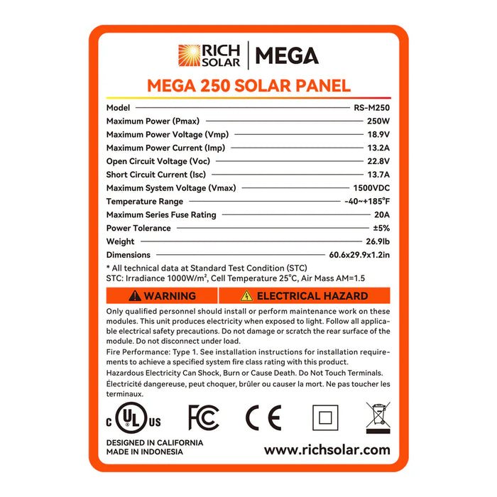 MEGA 250 | 250 Watt Solar Panel | Premier 12V Off-Grid Solar Panel for RVs, Vans, Boats | 25-Year Output Warranty | UL Certified