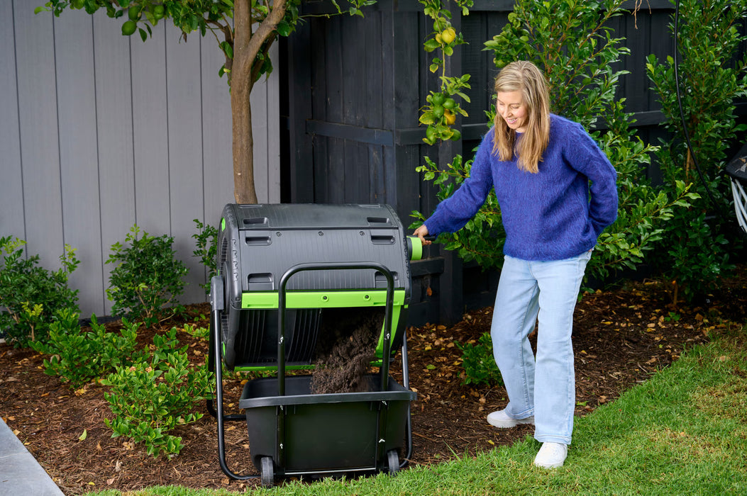 MAZE 48 Gallon Geared Two Compartment Compost Tumbler and Cart