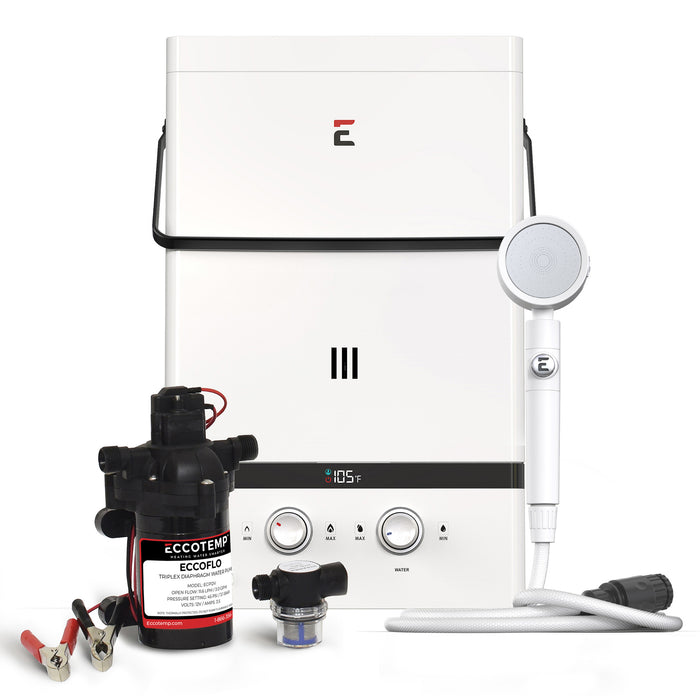 Eccotemp Luxé 3.0 GPM Portable Outdoor Tankless Water Heater w/ EccoFlo Diaphragm 12V Pump and Strainer